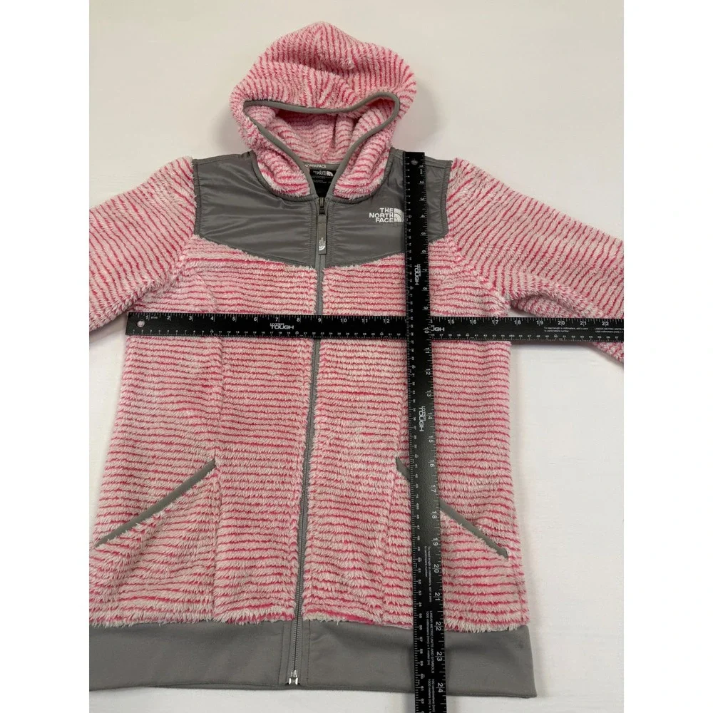 The North Face Girls Pink White Striped Full Zip Hooded‎ Fleece Jacket L (14/16)